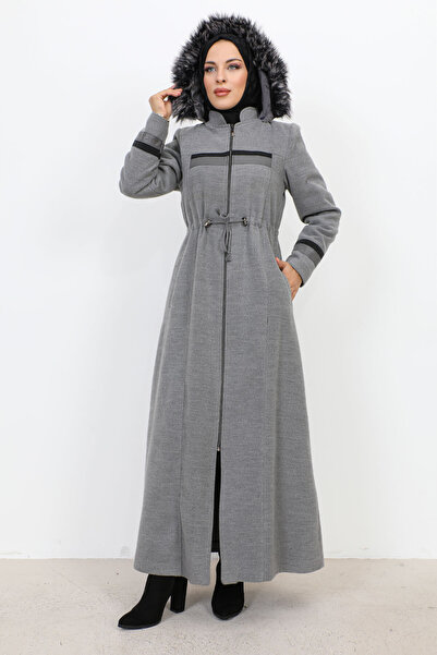 Tesettür Dünyası Leather Detailed Full-Length Zipper Coat TSD231116 Gray