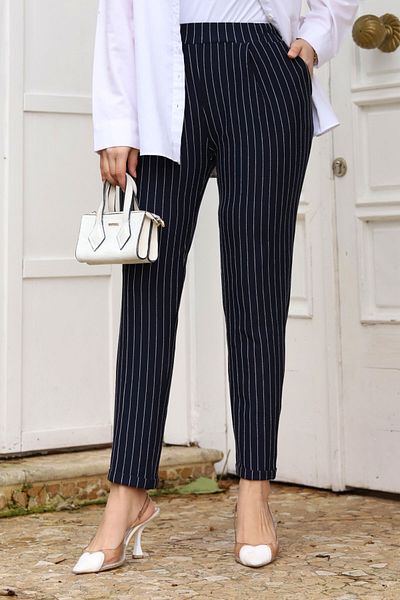 Tesettür Dünyası Double Leg Striped Carrot Trousers TSD240114 Navy Blue