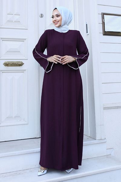 Tesettür Dünyası Plum Hijab Ferace - TSD με λεπτομέρεια σωληνώσεων και φερμουάρ240612