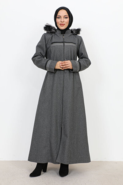 Tesettür Dünyası Leather Detailed Full-Length Zipper Coat TSD231116 Smoked