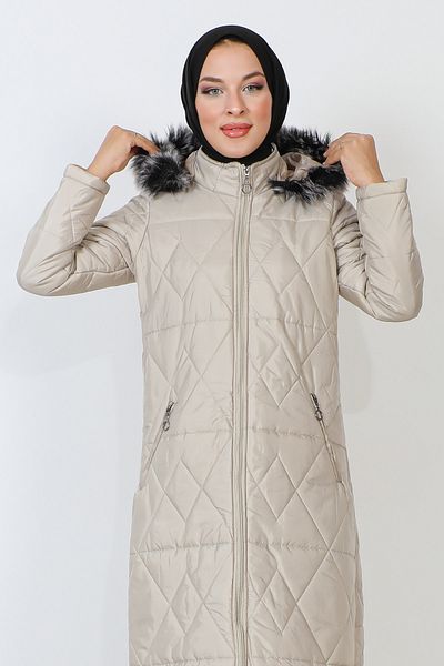 Tesettür Dünyası Quilted Coat with Zipper Pocket TSD230914 Ecru