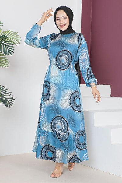 Tesettür Dünyası Μακρύ μεταξωτό φόρεμα με φούστα TSD230604 Μπλε