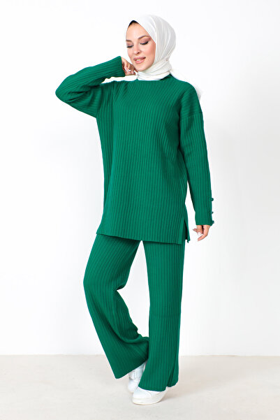 Tesettür Dünyası Buttoned Sleeve Knitwear Suit TSD230801 Green