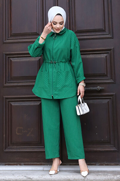 Tesettür Dünyası Melisa Κοστούμι με φερμουάρ TSD231208 Πράσινο