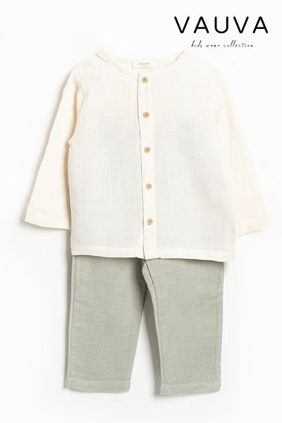 Vauva Muslin Shirt Suit Long Sleeve 2 Piece Suit Buttoned 100% Cotton Boy Suit