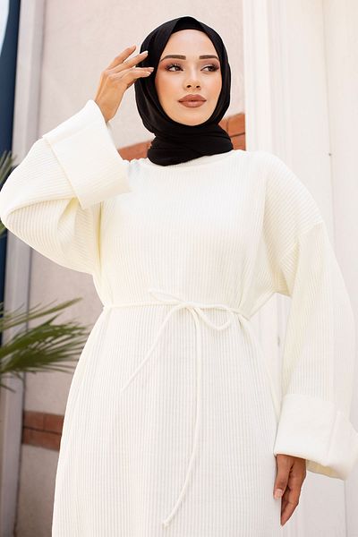 Tesettür Dünyası Ecru Knitwear Dress - Low Sleeve, Rope Tied TSD240708