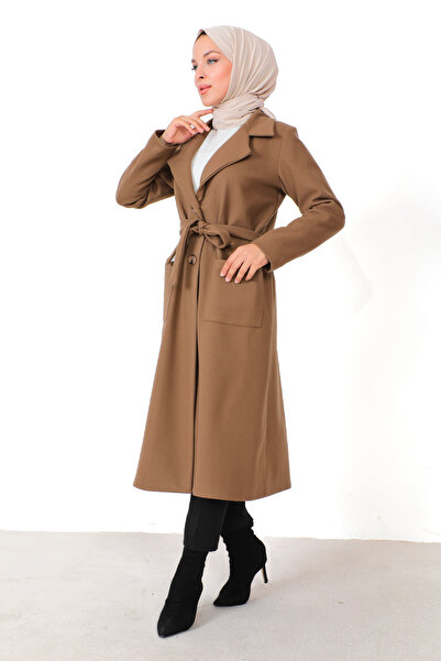Tesettür Dünyası Kapsovaný kašmírový kabát TSD230815 Tan