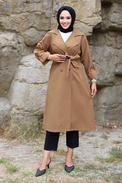 Tesettür Dünyası Katlama Kol Detaylı Trençkot TSD240921 Taba