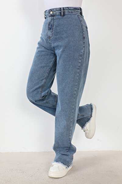 Tesettür Dünyası Wide Leg Denim Trousers with Tassels TSD230916 Blue