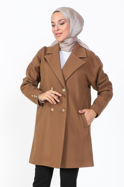 Tesettür Dünyası Double Buttoned Cashmere Coat TSD231014 Tan