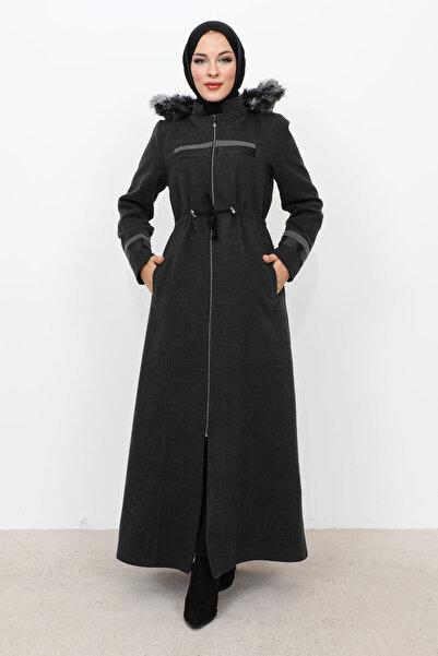 Tesettür Dünyası Detailní kožený kabát na zip po celé délce TSD231116 antracit