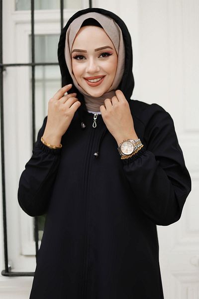 Tesettür Dünyası Black Zippered Trench Coat - Elastic Sleeve Tsd 240819