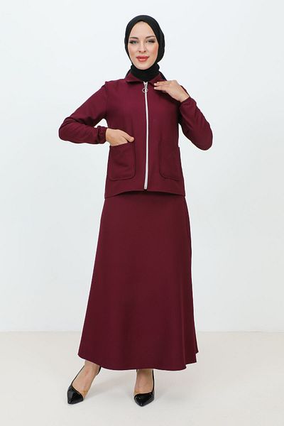 Tesettür Dünyası Zippered Pocket Skirt Crepe Suit TSD231205 Plum