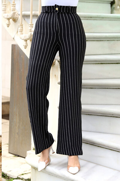 Tesettür Dünyası Wide Leg Striped Trousers TSD240115 Black