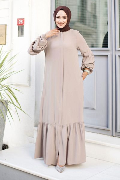 Tesettür Dünyası Μπεζ Hijab Ferace - Διπλό μανίκι με μπαλόνι και φούστα TSD 240247