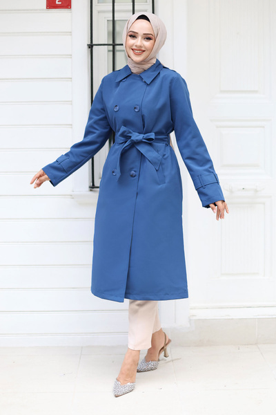 Tesettür Dünyası Düğmeli Kol Ucu Apolet Detaylı Trençkot TSD240901 İndigo