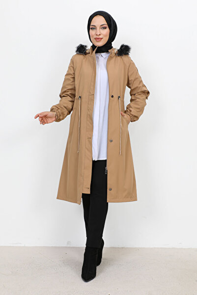 Tesettür Dünyası Παλτό Bondit μεσαίου μεγέθους με βελούδινη επένδυση TSD231114 Camel