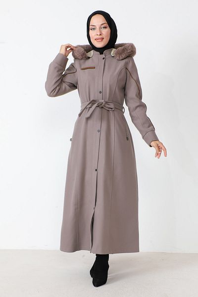 Tesettür Dünyası Leather Detailed Full Length Cashmere Coat TSD230811 Mink