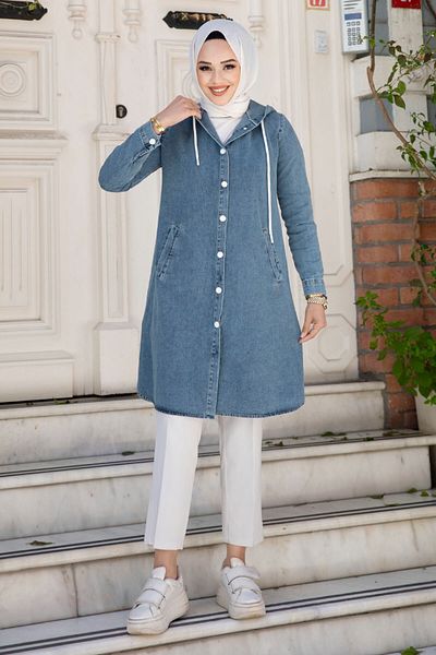 Tesettür Dünyası Hooded Neck Buttoned Denim Tunic - TSD240507