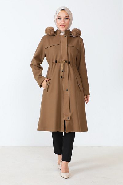 Tesettür Dünyası Παλτό Cashmere με κρυφό φερμουάρ TSD230805 Camel