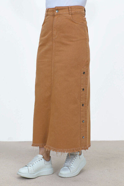 Tesettür Dünyası Denim Skirt with Flared Sides TSD22019 Tan