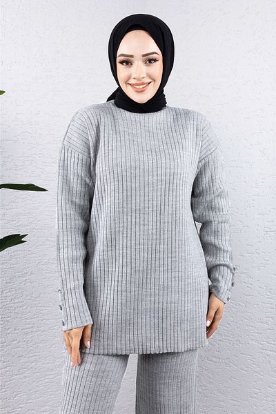 Tesettür Dünyası Gray Knitwear Set - Button Detail, Tsd 240947