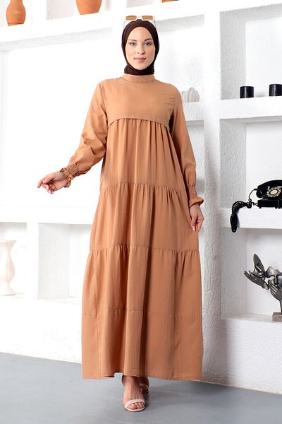 Tesettür Dünyası Mehrlagiges Hijab-Kleid Tsd221208 Taba