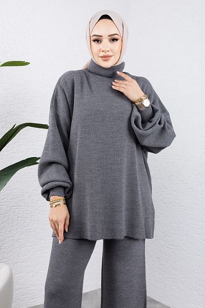 Tesettür Dünyası Anthracite Balloon Sleeve Knitwear Set - Tsd 240952