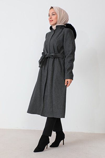 Tesettür Dünyası Kabát na skrytý zip s páskem TSD230813 antracit