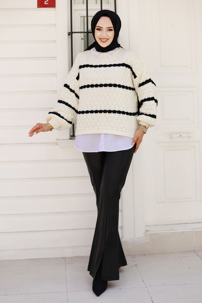 Tesettür Dünyası İspanyol Paça Önü Yırtmaçlı Deri Pantolon TSD240813 Siyah