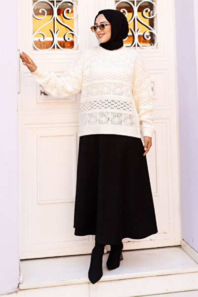 Tesettür Dünyası Ecru Openwork Patterned Knitwear Tunic - TSD 240718