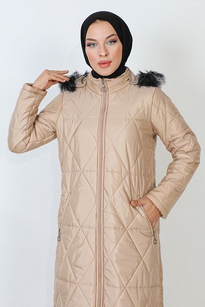 Tesettür Dünyası Zippered Quilted Jacket TSD230914 Beige