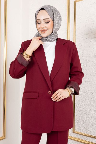 Tesettür Dünyası Claret Red Double Breasted Collar Blazer Suit Tsd 250118