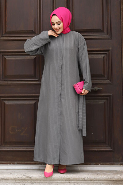 Tesettür Dünyası Šedá pruhovaná vesta se skrytým zipem - TSD 240202