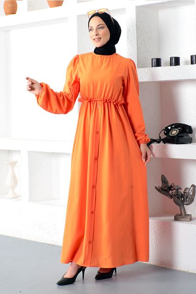 Tesettür Dünyası Skirt Button Detailed Dress Tsd221206 Orange