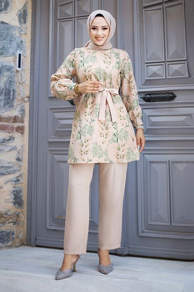 Tesettür Dünyası Green Double Suit - Floral Pattern and Waist Belted TSD 240726