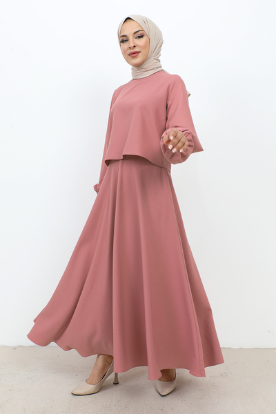 Tesettür Dünyası Κοστούμι φούστας με ελαστικά μανίκια TSD231105 Πούδρα