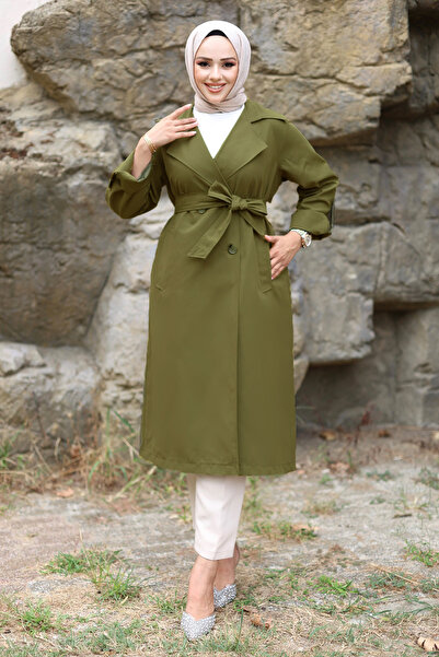 Tesettür Dünyası Katlama Kol Detaylı Trençkot TSD240921 Yeşil