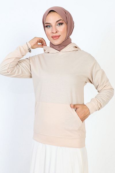 Tesettür Dünyası Hooded Short Sweatshirt TSD230427 Beige