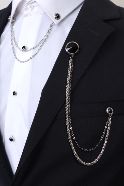 Esgue Siyah Taşlı Ceket & Gömlek Gümüş Renk Yaka Zinciri