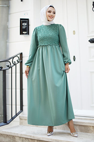 Tesettür Dünyası Front Lace Detailed Hijab Long Hijab Dress Tsd240519 Mint Green