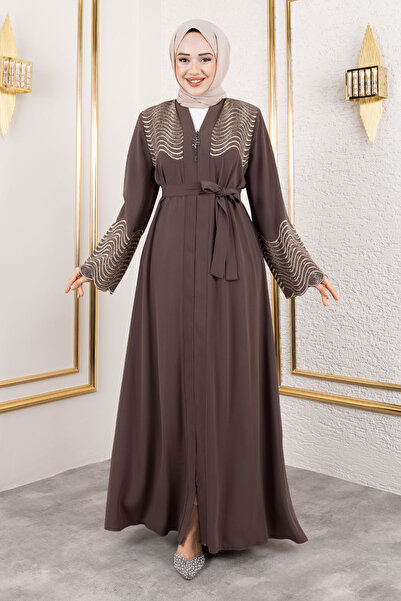Tesettür Dünyası TSD 250110   Μοντέλο Καφέ Abaya - Κέντημα και Λεπτομέρεια από πέτρα