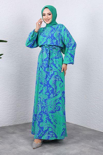 Tesettür Dünyası Blue Viscose Dress - Leaf Pattern, Tsd 240937