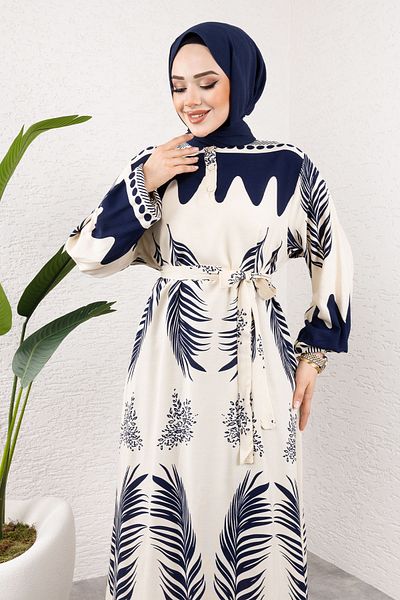 Tesettür Dünyası Φόρεμα με έθνικ σχέδιο Navy Blue Viscose Waterway - TSD 240955