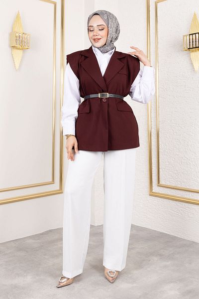 Tesettür Dünyası Padded Belted Vest Tsd 250151   Burgundy