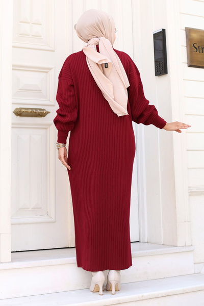 Tesettür Dünyası Yarım Fermuarlı Triko Uzun Elbise TSD240715 Bordo