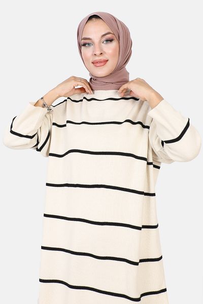 Tesettür Dünyası Striped Knitwear Suit TSD220905 Stone Color