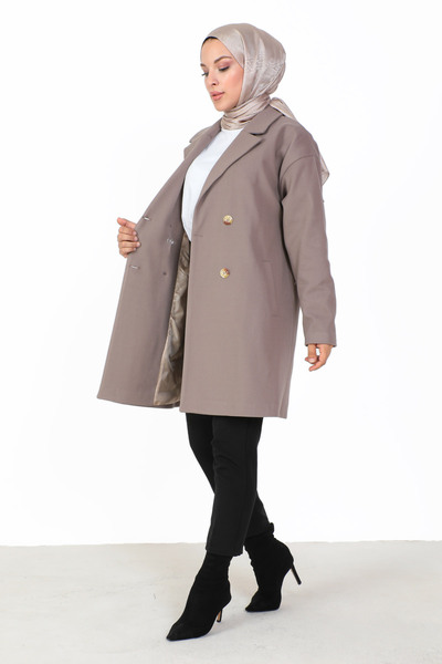 Tesettür Dünyası Double Buttoned Cashmere Coat TSD231014 Mink
