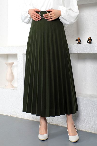 Tesettür Dünyası Belted Pleated Skirt Tsd230113 Khaki