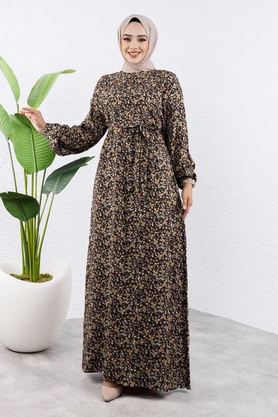 Tesettür Dünyası Πολύχρωμο λουλουδάτο μακρύ μαντίλι φόρεμα από βισκόζη TSD240920 Καφέ